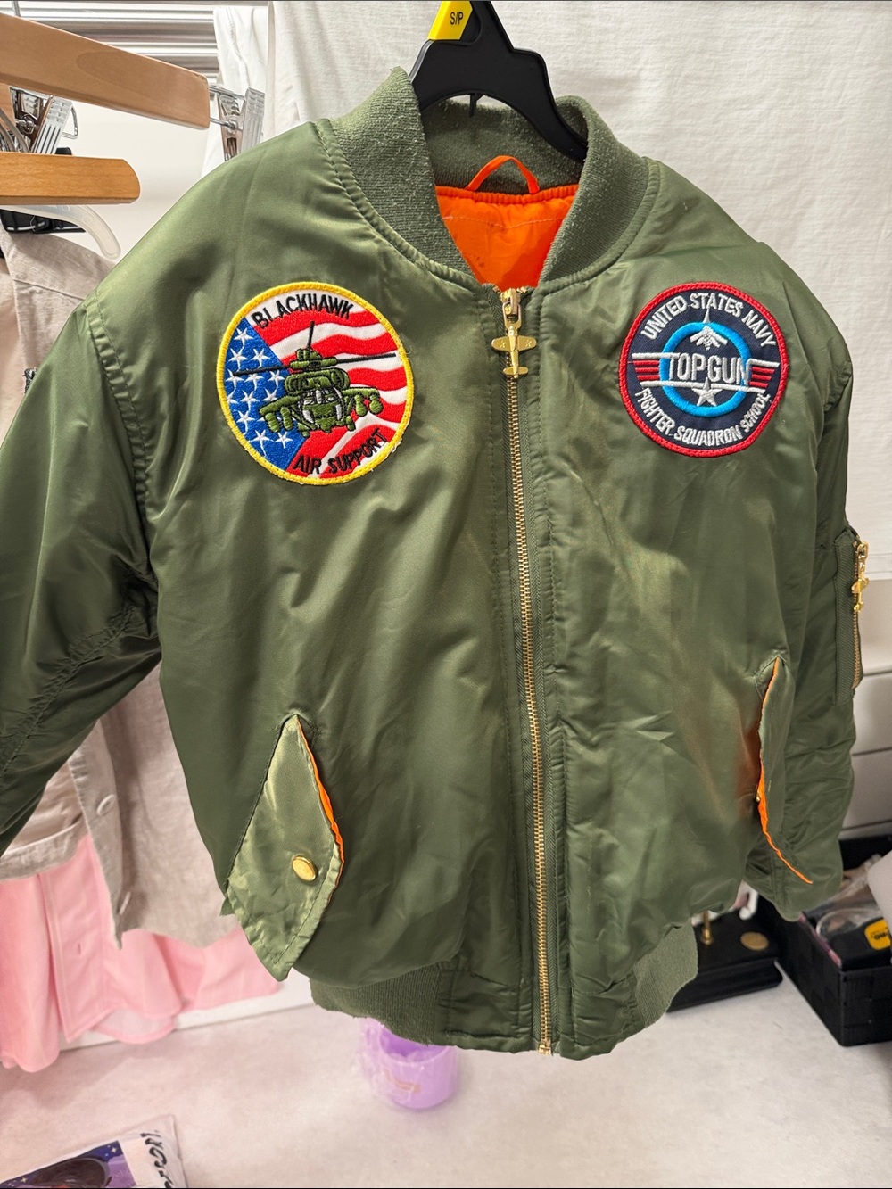Kids Olive Green Bomber Jacket with Top Gun Patch